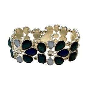 Opaque Crystal Blue Briolette Silvertone Stretch Bracelet 8"